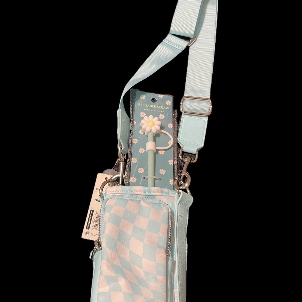 No Boundaries Blue Checkered Crossbody Bag with Straw